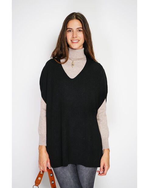 Pull poncho col V tricotage fantaisie en cachemire Harris noir