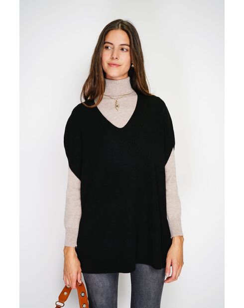 Pull poncho col V tricotage fantaisie en cachemire Harris noir