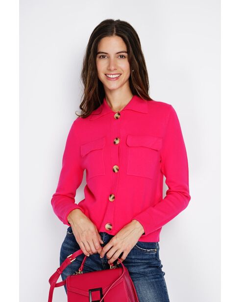 Haley - Fancy vest met knopen, fuschia, klepzakken met lange mouwen