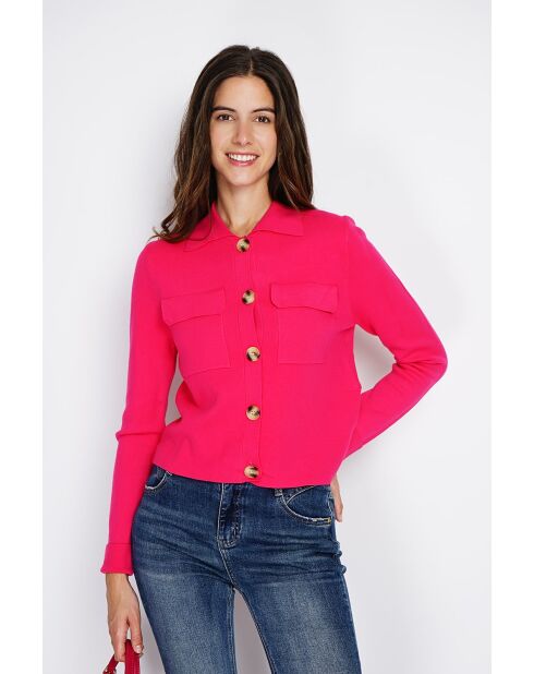Haley - Fancy vest met knopen, fuschia, klepzakken met lange mouwen
