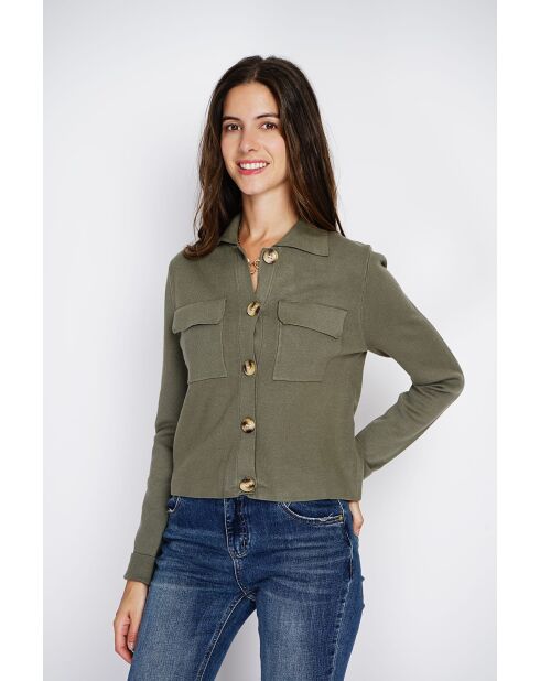 Haley - Fancy vest met knopen, kaki, klepzakken met lange mouwen