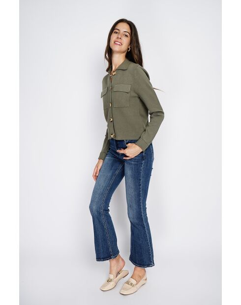 Haley - Fancy vest met knopen, kaki, klepzakken met lange mouwen