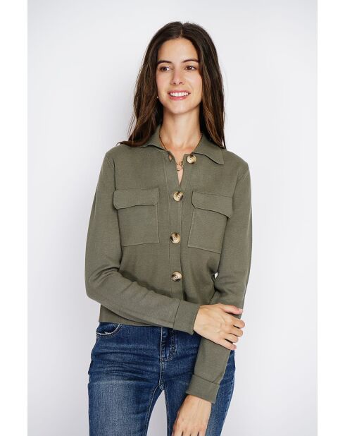 Haley - Fancy vest met knopen, kaki, klepzakken met lange mouwen