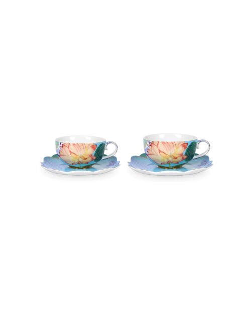 Set de té de flores reales multicolores con 2 tazas y platillos