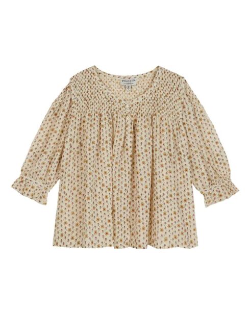 Weiße gesmokte Bluse mit Gänseblümchenstickerei