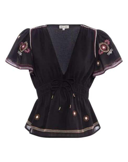 Schwarzes besticktes Top aus Bio-Baumwolle Solal