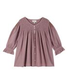 Malvenfarbene gesmokte Bluse mit Stickerei