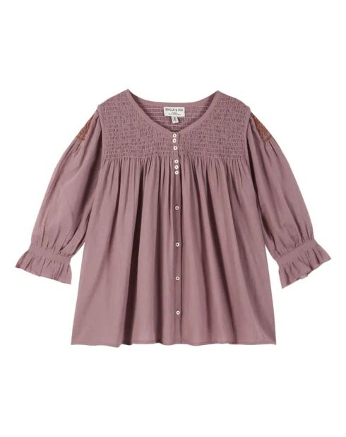 Malvenfarbene gesmokte Bluse mit Stickerei