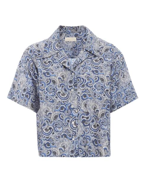 Kurzärmliges Seidenhemd mit blauem Aufdruck aus Alabama-Twill