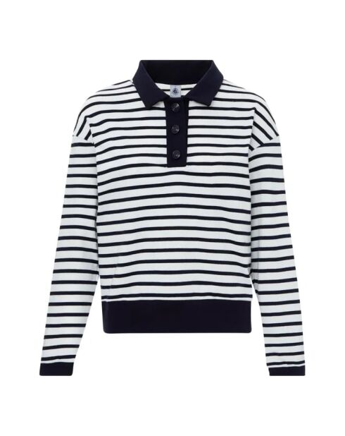 Langarm-Poloshirt aus Baumwolle in Marineblau Marinière