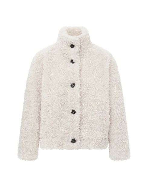 Foxy cremefarbene, kastenförmige Sherpa-Jacke mit Knopfleiste