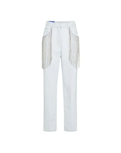 Jeans aus verwaschenem Denim mit Strasssteinen und Fransen