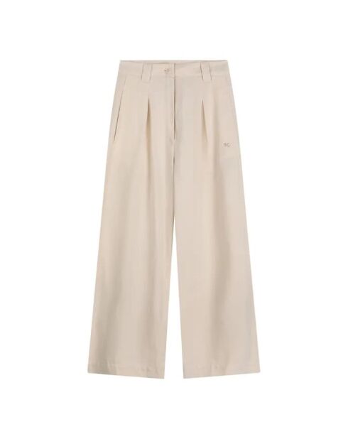 Ecrufarbene, plissierte Hose mit weitem Bein