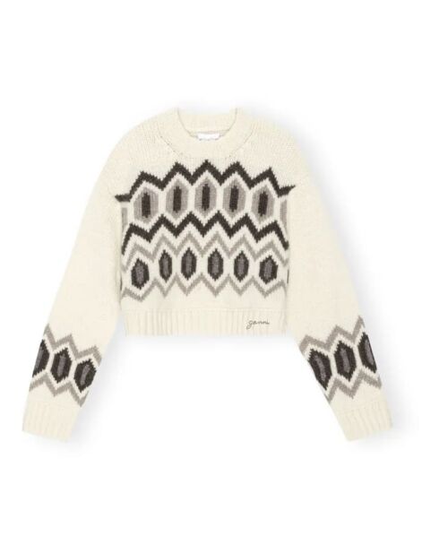 Crop Chunky Graphic Wollpullover mit Rundhalsausschnitt ecru