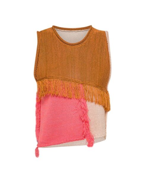 Rosafarbener ärmelloser Patchwork-Pullover
