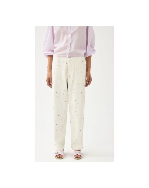 Cremefarbene bestickte Mael-Jeans