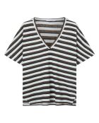 Violettes gestreiftes T-Shirt aus Leinen und Baumwolle mit V-Ausschnitt