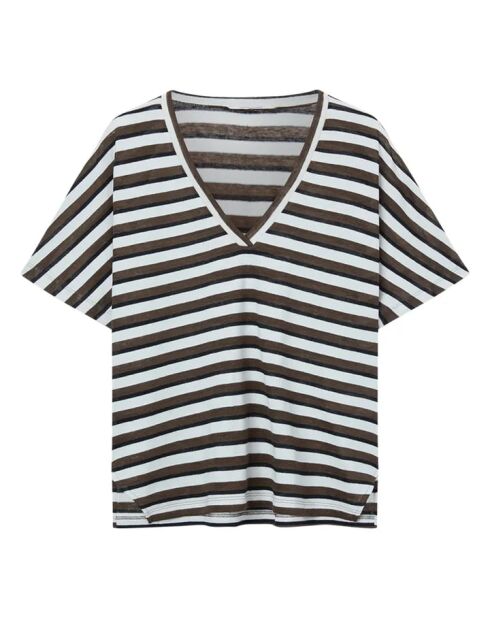 Violettes gestreiftes T-Shirt aus Leinen und Baumwolle mit V-Ausschnitt