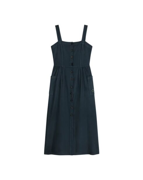 Mitternachtsblaues Kleid aus Baumwolle und Leinen mit Knöpfen