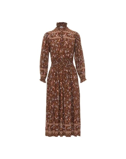 Camelkleurige jurk met bloemenprint van Grecas
