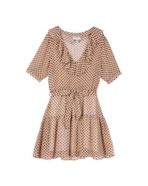 Ecrufarbenes Rüschenkleid mit Federn