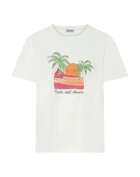 Cremefarbenes T-Shirt aus Bio-Baumwolle mit Aufdruck von Boxy Fiore dell Isola Rosa