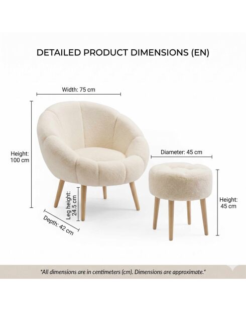 Set de sillón y reposapiés de 2 piezas color crema Lida