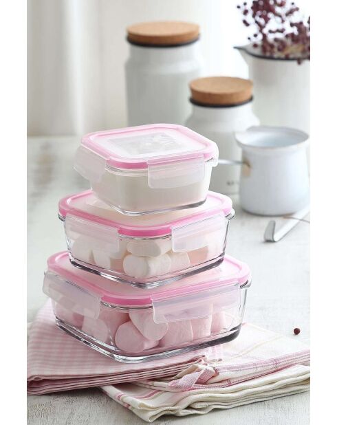 Juego de cajas de almacenamiento de vidrio (3 piezas) rosa