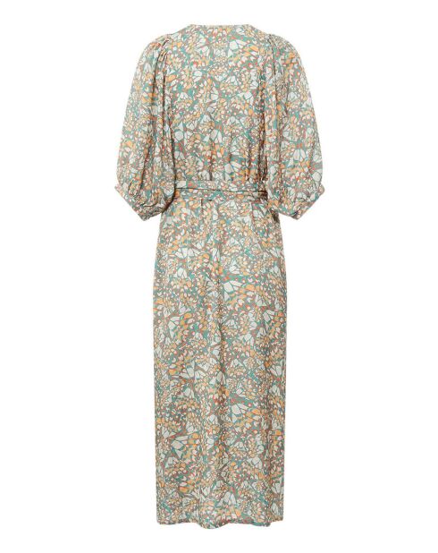 Graugrünes Jacquard-Midikleid mit Gürtel