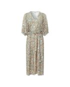 Graugrünes Jacquard-Midikleid mit Gürtel