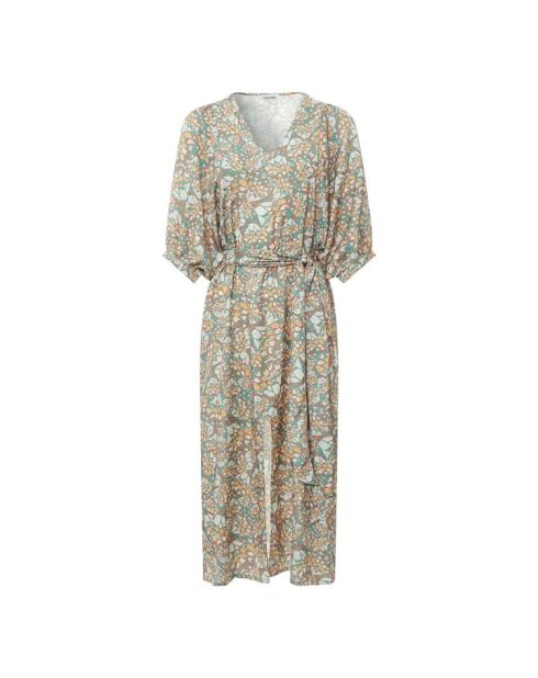 Graugrünes Jacquard-Midikleid mit Gürtel
