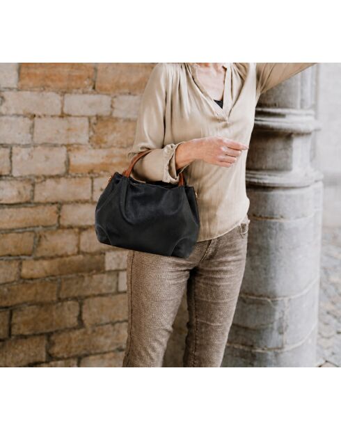 Sac en cuir Taro noir + cuoio - 28x25x18cm