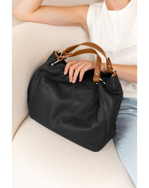 Sac en cuir Sassari noir + cuoio - 33x28x16cm