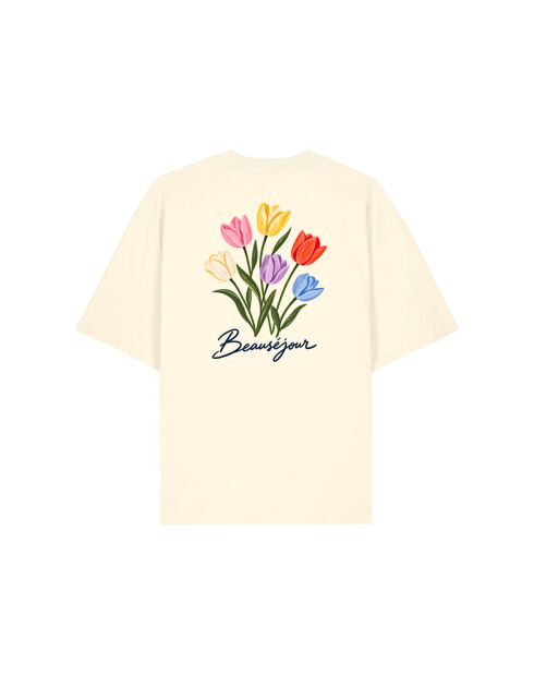 T-Shirt Boxy en coton tulipes crème