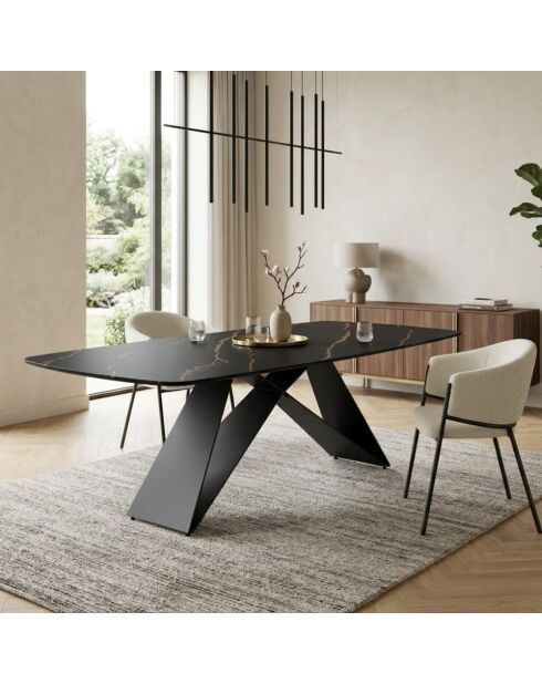 Table de salle à manger fixe en céramique Roma portoro/marbre noir - 220 x 110 x 76 cm