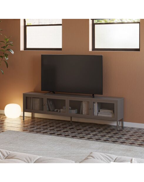 Meuble TV à 4 portes en métal perforé moka - 160 x 35 x 50 cm