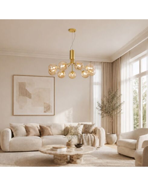 Suspension Surbo en métal avec neuf diffuseurs en verre laiton - 83 x 83 x 41 cm