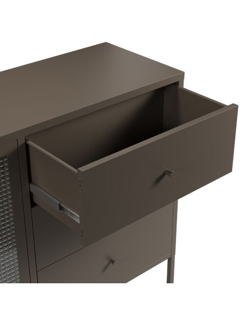 Buffet à 2 portes et 3 tiroirs Piombino en métal et verre trempé moka - 140 x 40 x 90 cm