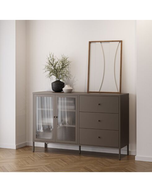 Buffet à 2 portes et 3 tiroirs Piombino en métal et verre trempé moka - 140 x 40 x 90 cm