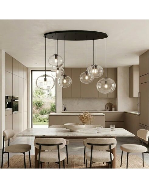 Suspension Melissa en métal avec huit diffuseurs en verre soufflé noir - 166 x 81,5 x 32,5 cm