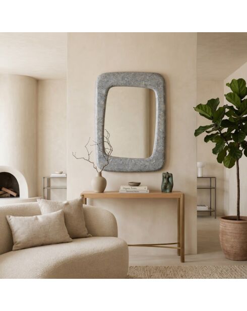 Miroir mural rectangulaire Ostuni avec cadre en pierre fossilisée gris - 90 x 65 x 3,5 cm