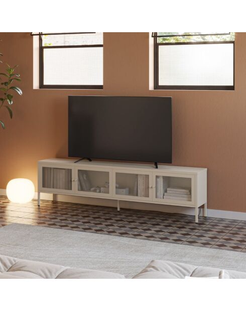Meuble TV à 4 portes en métal perforé sable - 160 x 35 x 50 cm