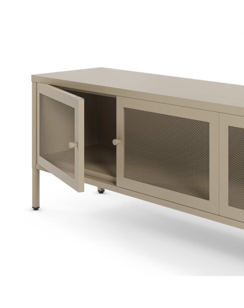 Meuble TV à 4 portes en métal perforé sable - 160 x 35 x 50 cm