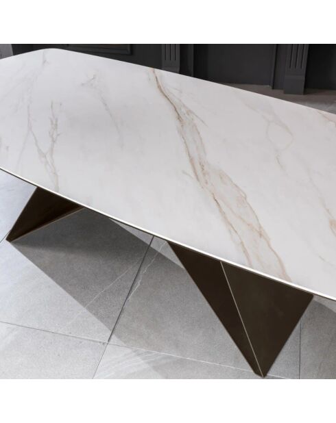 Table de salle à manger fixe en céramique Roma calacatta/marbre brun - 220 x 110 x 76 cm
