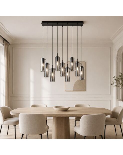 Suspension Dorgali en métal avec neuf diffuseurs en verre noir - 90 x 30 x 42,2 cm