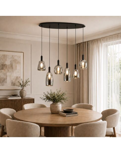 Suspension Rodi à six lumières avec structure en métal et verre chromé noir - 101 x 34 x 39,5 cm