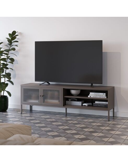 Meuble TV à 2 portes et 2 étagères Piombino en métal et verre trempé moka - 160 x 35 x 50 cm