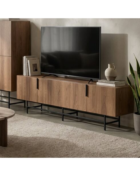 Meuble TV à 4 portes Anagni en stratifié structure métallique brun - 200 x 35 x 55 cm