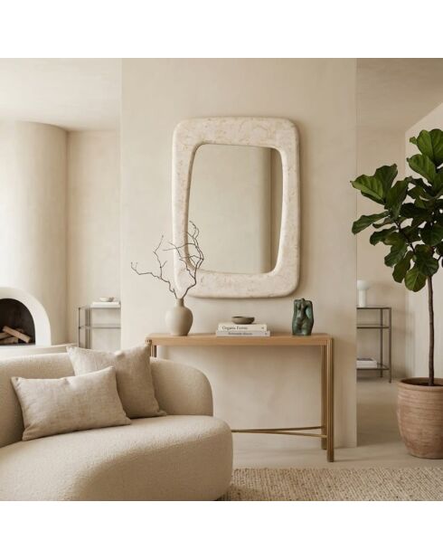 Miroir mural rectangulaire Ostuni avec cadre en pierre fossilisée beige - 90 x 65 x 3,5 cm