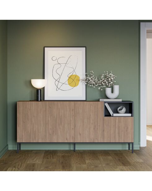Buffet à 4 portes et 1 étagère Sapri en stratifié structure métallique brun/noir - 180 x 40 x 80 cm